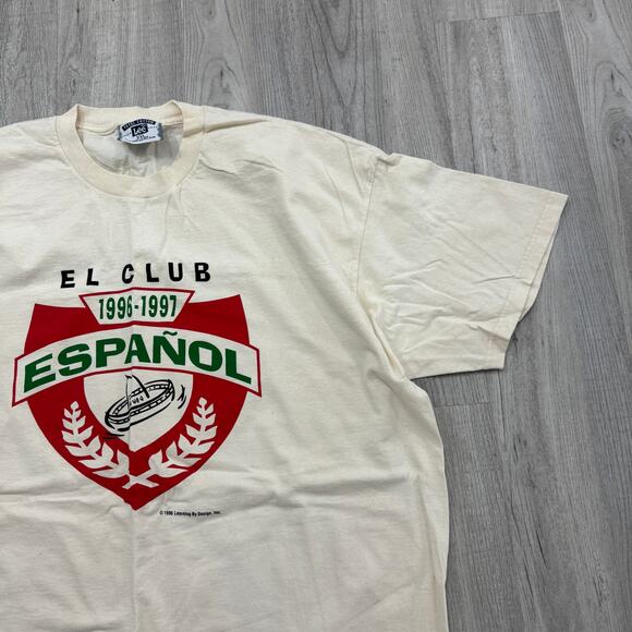 Vintage EL Club Espanol Shirt Men's 2XL XXL Cream 90s USA Made 1996 Graphic - Picture 2 of 7